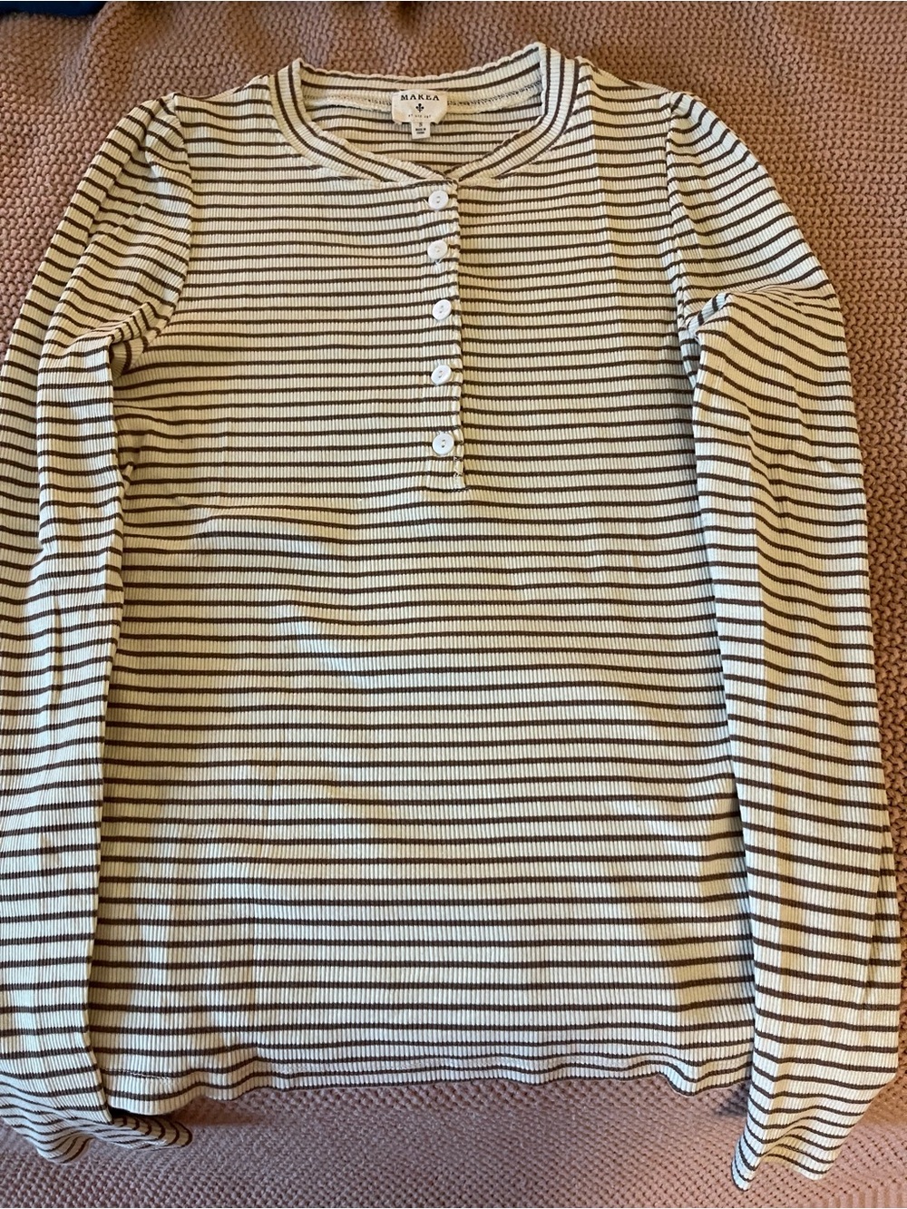 MARA Puff Shoulder Ribbed Henley Long-Sleeve Top - Cream with Brown Stripes
